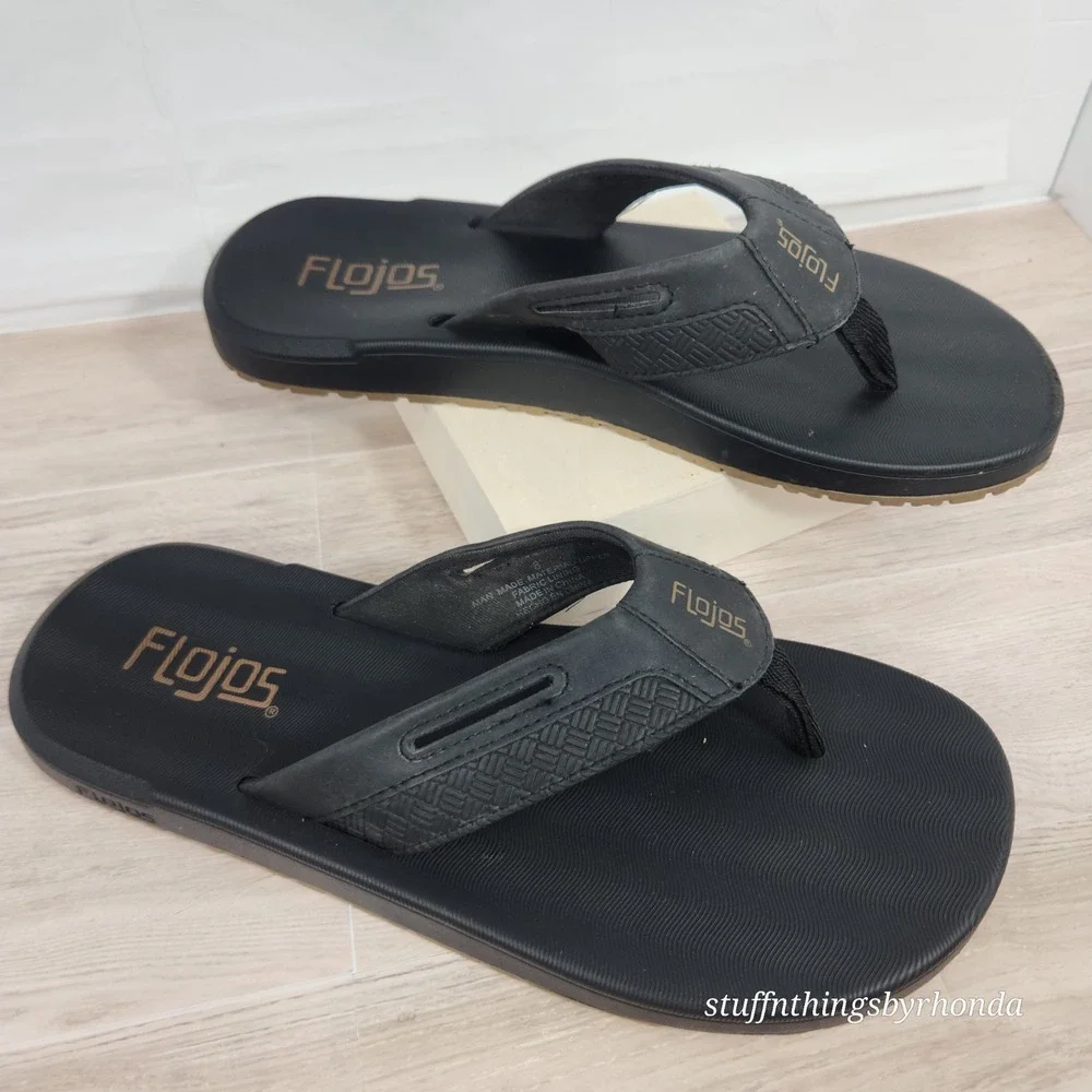 Flojos Men's Memory Foam Sandals Flip Flops Black Size 8
